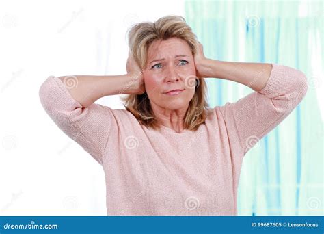 Woman Shut Her Ears From Noise Stock Image Image Of Shut Suffer