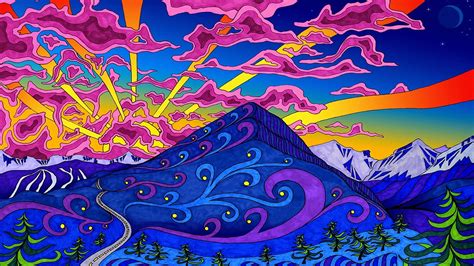 Blue And Purple Mountain Artwork Painting Psychedelic Colorful Lines
