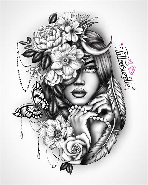 Flowers Lady Face Tattoo Design Thigh Tattoos Women Face Tattoos Girl Face Tattoo