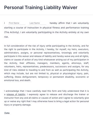 Personal Training Liability Waiver Form Template Jotform