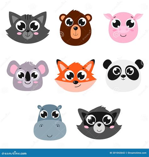 Set Of Cute Animal Faces Vector Cartoon Illustrations Isolated On