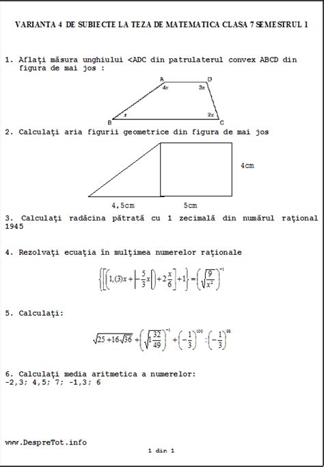 Teza Matematica Clasa 7 Sem 1 Rezolvata Varianta 4