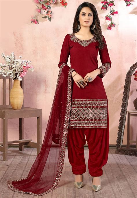 Embroidered Art Silk Punjabi Suit In Red Kch6218