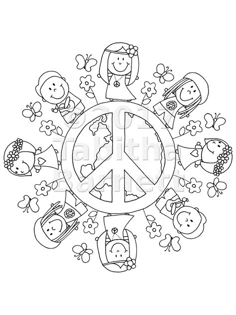 Hippie Children Of The World Adult Coloring Page 