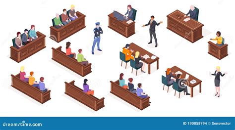 Court Process Courtroom Hearing Isometric Icons Stock Vector