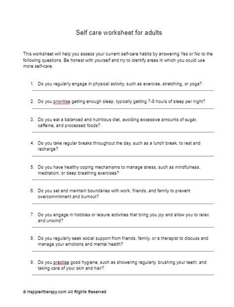 Self Care Worksheet For Adults Pdf Happiertherapy