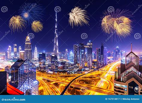 Amazing Skyline Cityscape With Illuminated Skyscrapers And Fireworks