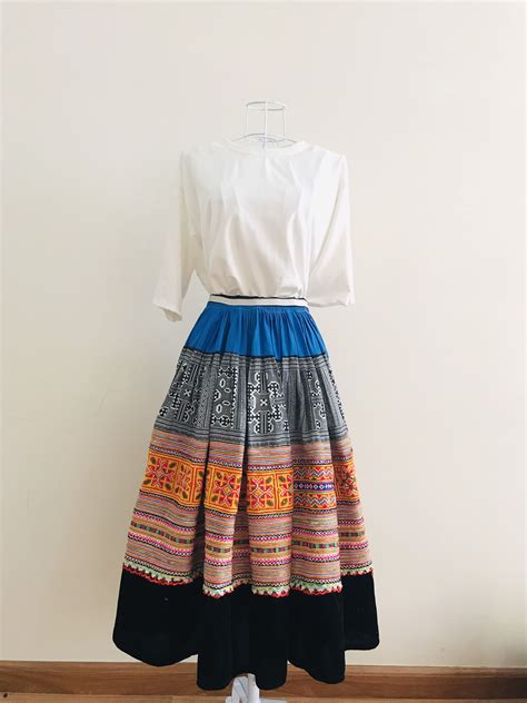 vintage-hand-stitch-embroidered-hemp-cotton-skirt-multi-color-hmong-rare-skirt-in-2020-hmong