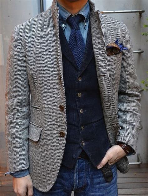 2018 Gray Wool Herringbone Tweed Tuxedo Jacket British Men Suit Slim