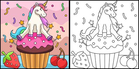 Unicorn Sitting On A Cupcake Coloring Page 6823342 Vector Art At Vecteezy
