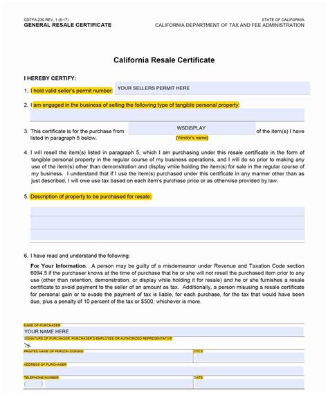 √ 20 California Resale Certificate Template Dannybarrantes Template