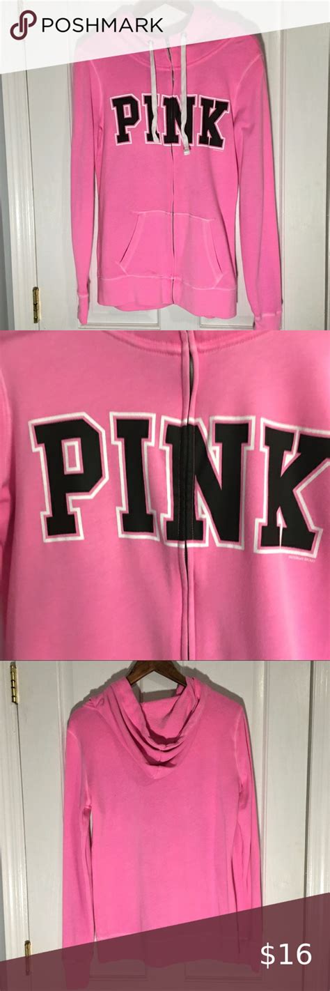 Pink Victorias Secret Pink Black Front Zip Hoodie In 2020 Hooded