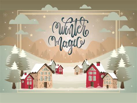 Cartoon Illustration With Snowy Village And Marry Christmas Land Stock