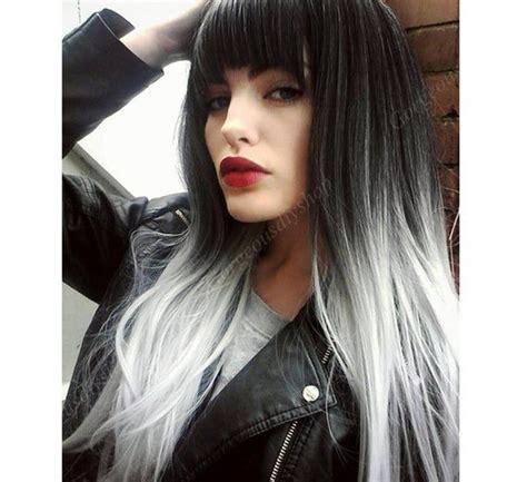 Black And Gray Gradient Long Straight Wig Long Hair Wig And Etsy In 2021 Grey Ombre Hair