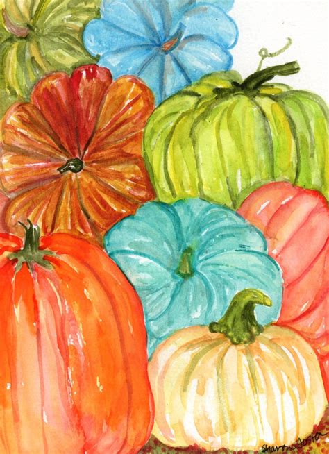 Fall Pumpkins Decor Original Watercolor Painting Original 5 X 7