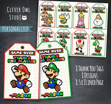 Super Mario Thank You Tags Super Mario Tags Super Mario Etsy Super Mario Party Favors Super