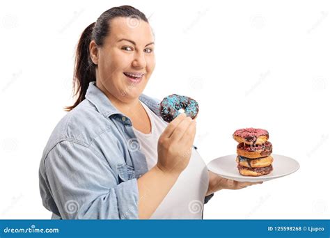 Overweight Woman Eating Donuts Stock Photo Image Of Female Happy