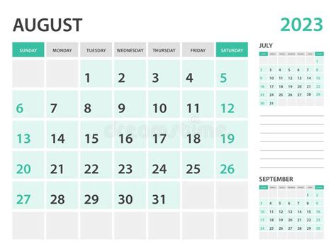 Calendar 2023 Template August 2023 Year Monthly Planner Desk Calendar