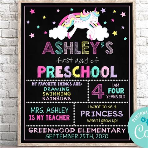 Editable First Day Of Kindergarten Sign Unicorn First Day Of Etsy
