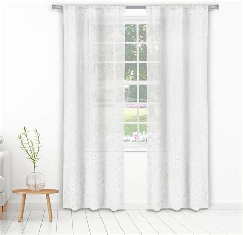 Set Of Two 2 Pure White Sheer Window Curtain Panels Silver Raised