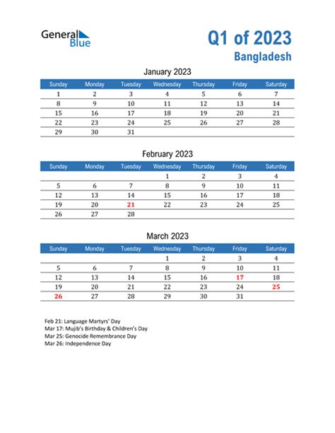 Q1 2023 Quarterly Calendar With Bangladesh Holidays