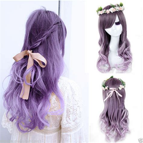 Womens Ladies Long Curly Wavy Hair Full Wigs Anime Purple