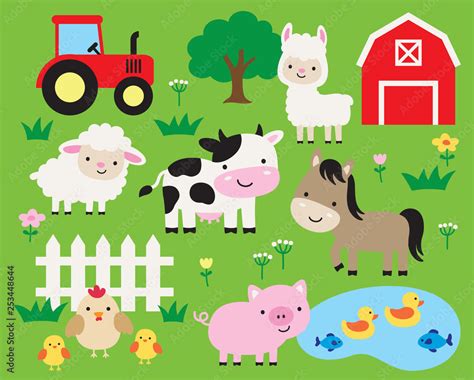 Cute Farm Animals Vector Illustration Set Including Cow Horse Pig