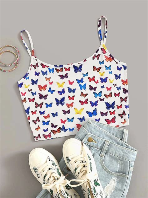 Multicolored Butterfly Print Cropped Cami Top Shein Usa In 2020