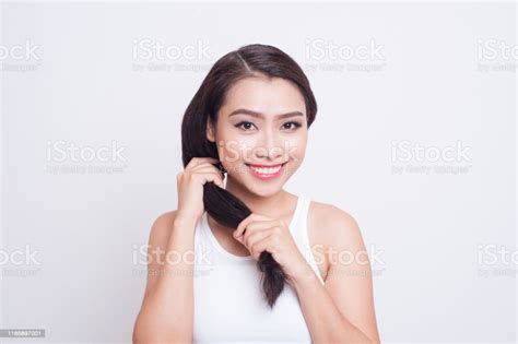 Beautiful Woman Touch Her Health Long Straight Hair Care With Smile Face Asian Beauty Model