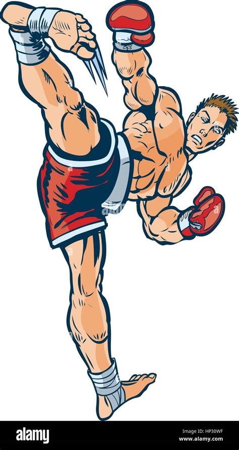 Vector Cartoon Clip Art Illustration Of A Kickboxer Executing A High