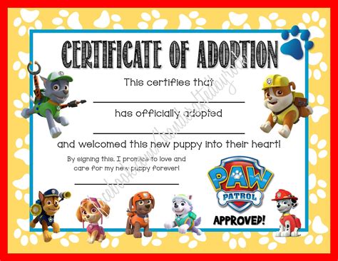 Paw Patrol Birthday Favors Certificate Of Adoption Paw Patrol