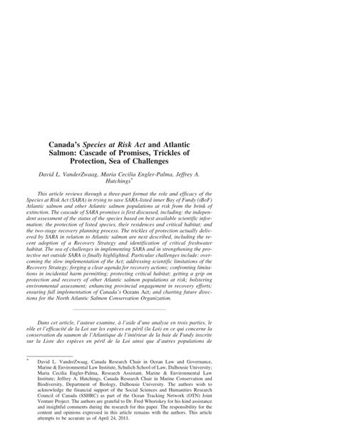 Pdf Canadas Species At Risk Act And Atlantic Salmon Cascade Of
