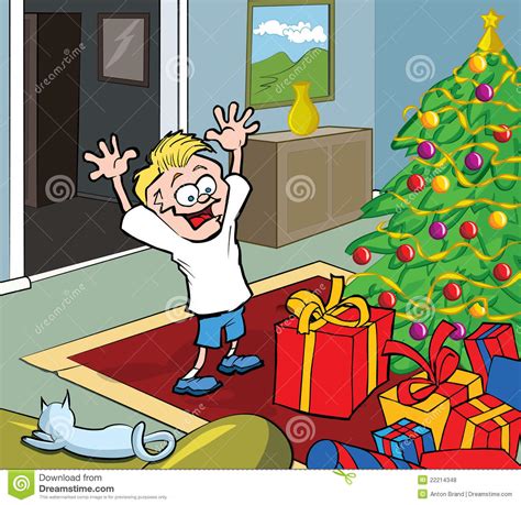 cartoon kid  christmas morning opening gifts stock vector illustration  caucasian