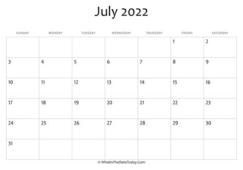 Blank July Calendar 2022 Editable Whatisthedatetodaycom