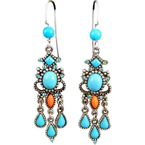 Vintage Turquoise And Coral Carol Duplaise Chandelier Earrings Hand