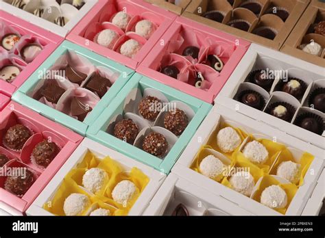 Many Delicious Candies In Boxes Production Line Stock Photo Alamy