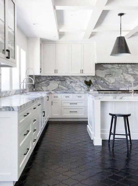 Shaker cabinets, subway tile, gray granite counters, and butcher block island. Top 50 Best Kitchen Floor Tile Ideas - Flooring Designs