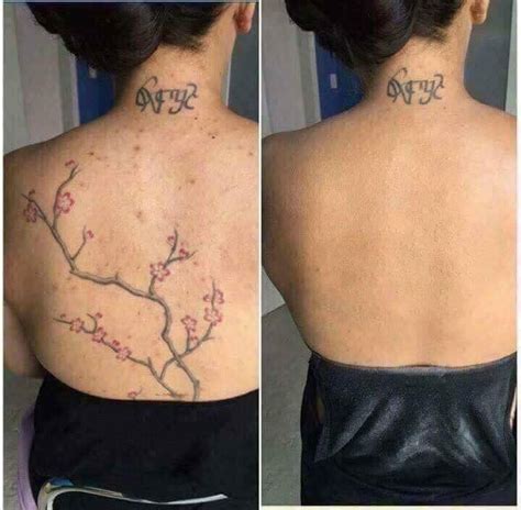 The Back Of A Womans Neck With Tattoos On Her Upper And Lower Back