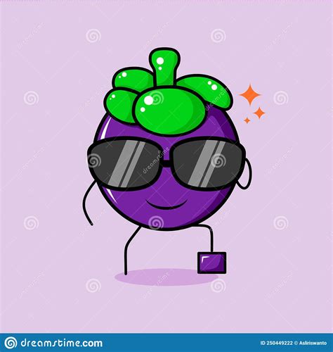 cute mangosteen character with smile expression black eyeglasses one leg raised and one hand