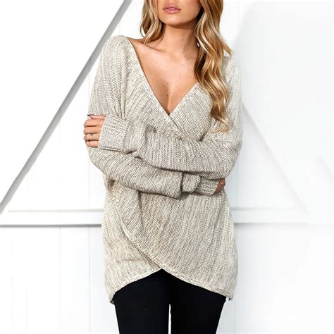 Sexy Womens Winter Cross Deep V Neck Top Casual Long Sleeve Sweater Knitwear In Pullovers From