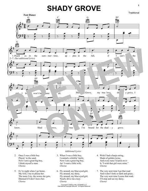 Shady Grove Sheet Music Appalachian Folk Song Piano Vocal And Guitar