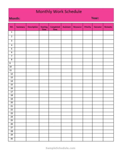 Free Monthly Work Schedule Template Sample Schedule