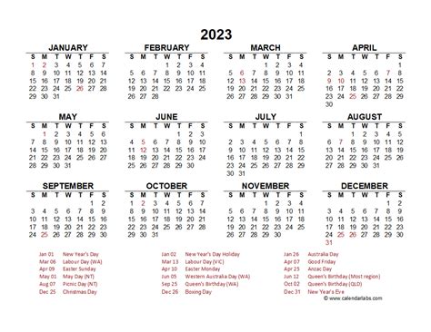 2023 Year At A Glance Calendar With Australia Holidays Free Printable