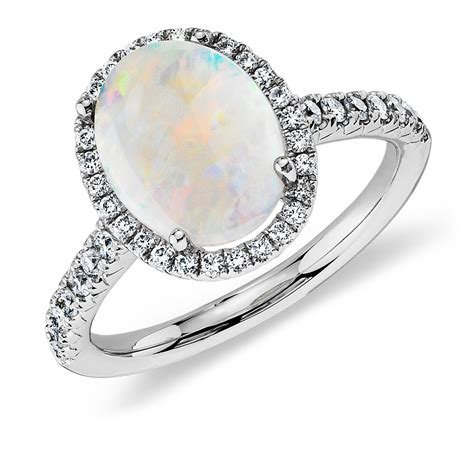 Opal And Diamond Halo Ring In 18k White Gold 10x8mm Blue Nile