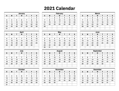 Calendars And Planners Paper One Page 2021 One Page Calendar Entire Year