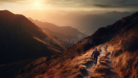 Men And Women Hiking Mountain Cliff At Sunset Generated By Ai Stock