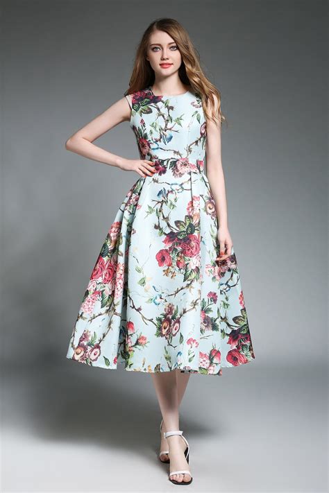 A Line Crewneck Sleeveless Floral Midi Dress 꽃무늬