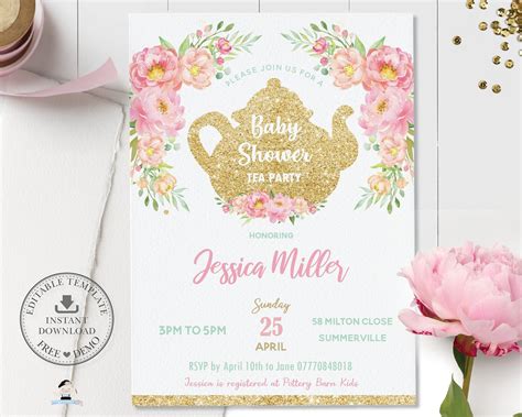 Floral Baby Shower Tea Party Invitation Editable Template Etsy