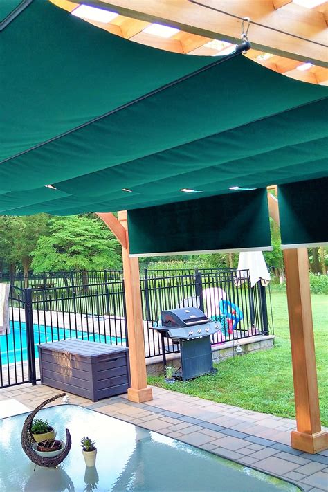 Large Green Fabric Shades Over Poolside Patio Backyard Shade Backyard Pergola