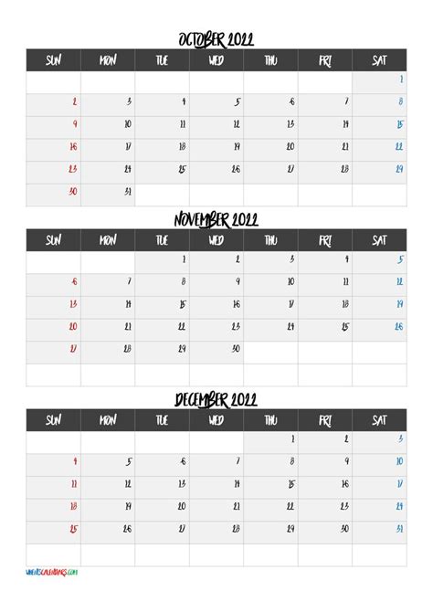 October November December 2022 Calendar Template Q1 Q2 Q3 Q4